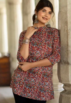 Tunics>Utsav Fashion Ajrakh Printed Pure Cotton Tunic in Maroon Red