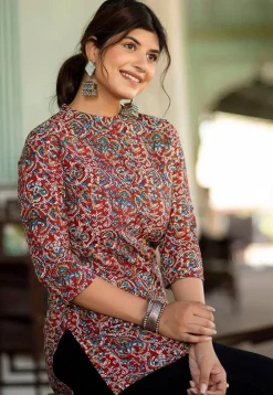 Tunics>Utsav Fashion Ajrakh Printed Pure Cotton Tunic in Maroon Red