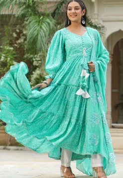 A-Line Suits>Utsav Fashion Bandhej Printed Art Silk Aline Suit in Turquoise Blue