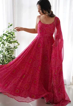 Abaya Style|Party Wear>Utsav Fashion Bandhej Printed Chiffon Abaya Style Suit in Pink