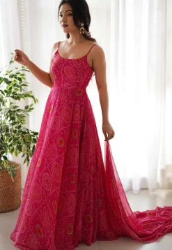 Abaya Style|Party Wear>Utsav Fashion Bandhej Printed Chiffon Abaya Style Suit in Pink