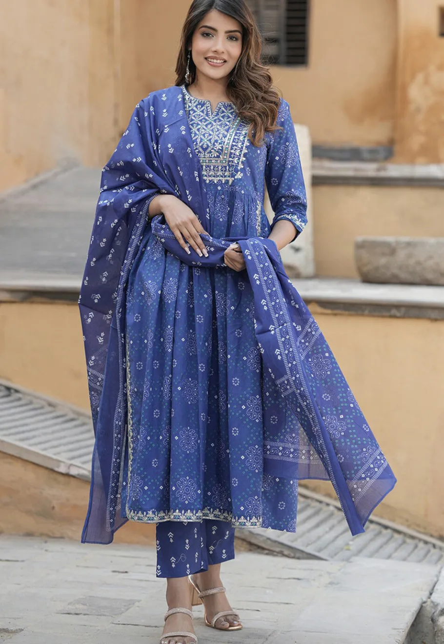 A-Line Suits>Utsav Fashion Bandhej Printed Cotton A Line Suit in Navy Blue