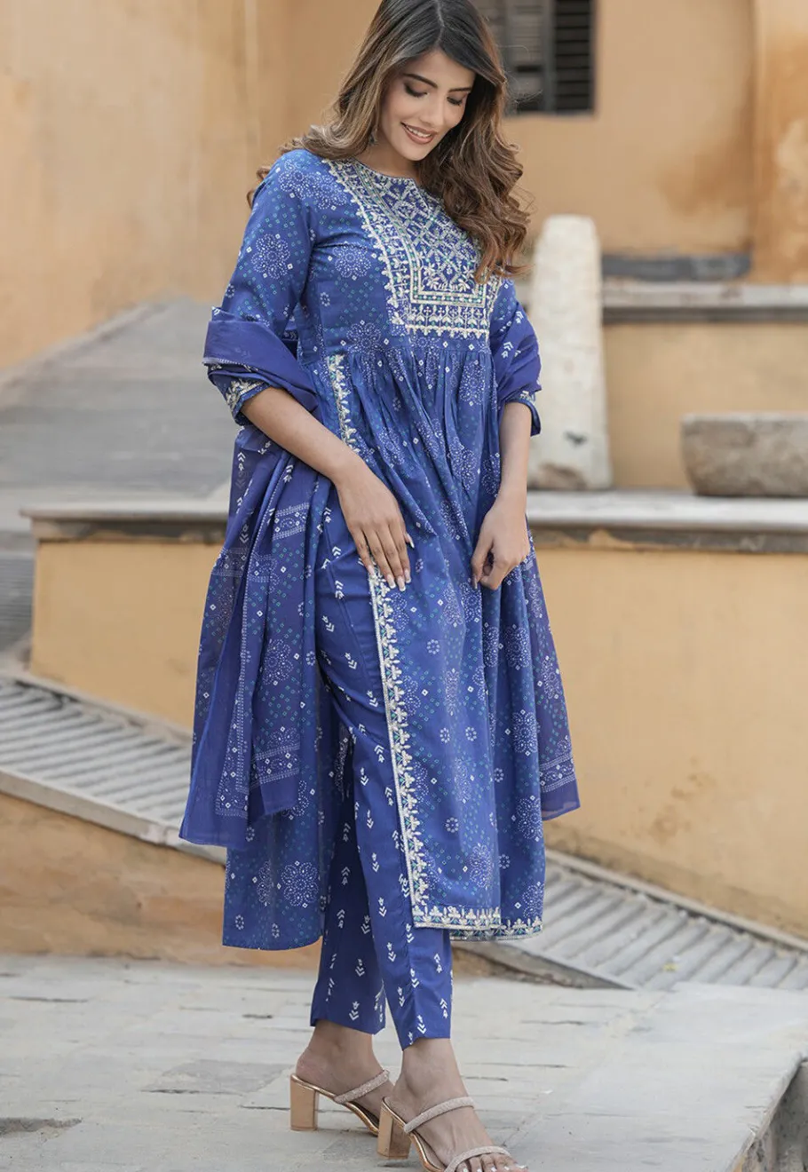 A-Line Suits>Utsav Fashion Bandhej Printed Cotton A Line Suit in Navy Blue