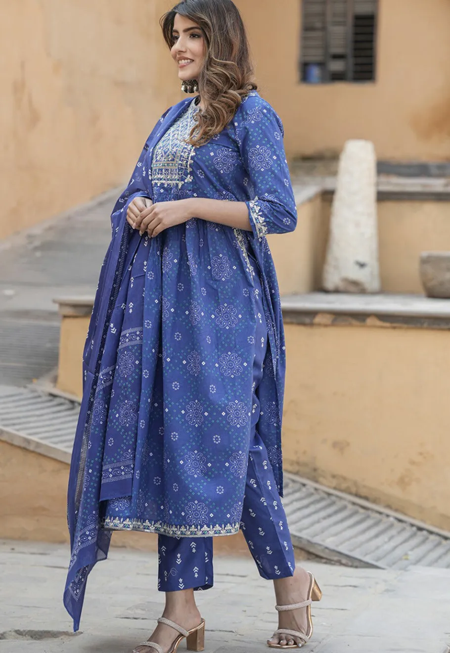 A-Line Suits>Utsav Fashion Bandhej Printed Cotton A Line Suit in Navy Blue