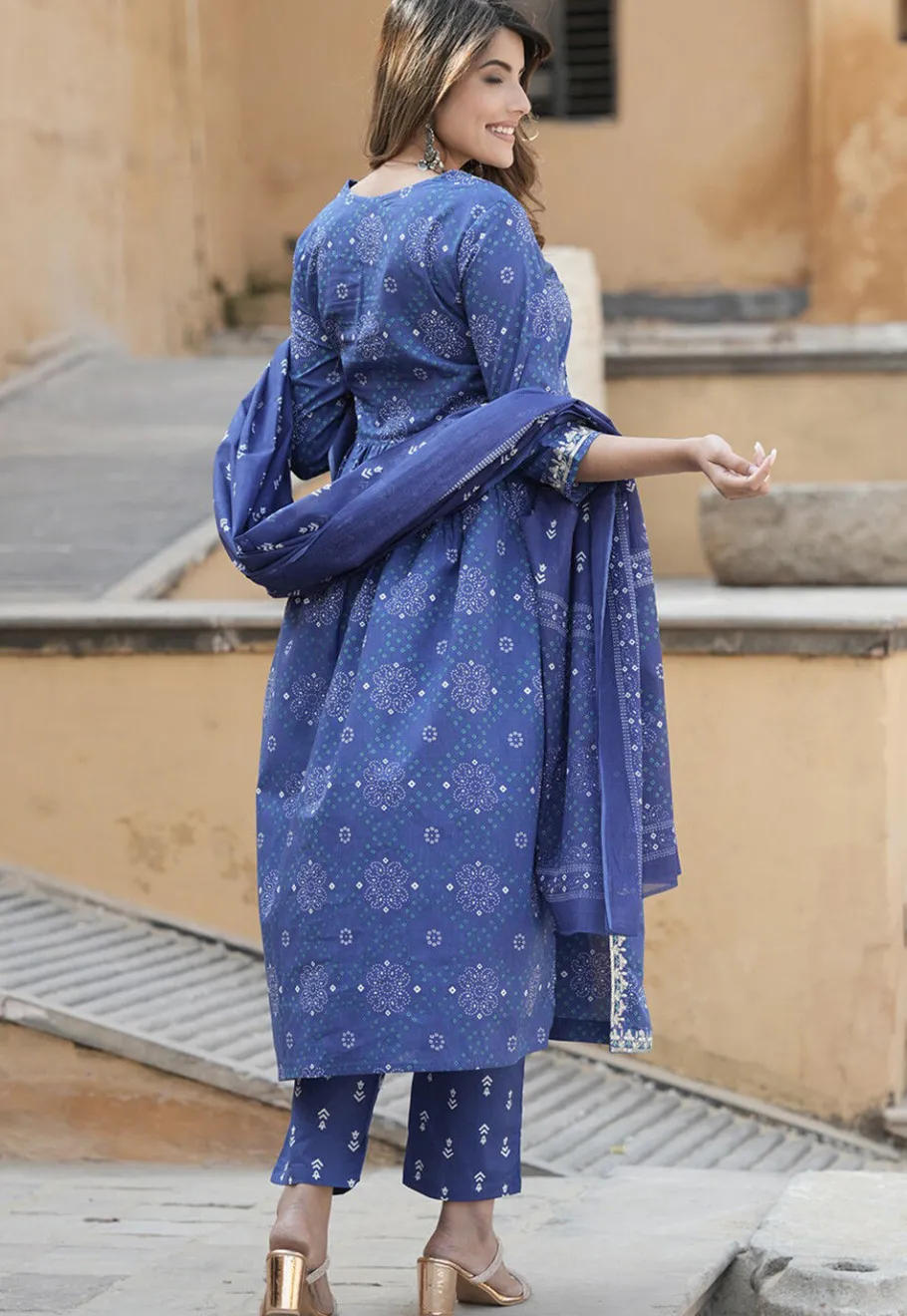 A-Line Suits>Utsav Fashion Bandhej Printed Cotton A Line Suit in Navy Blue