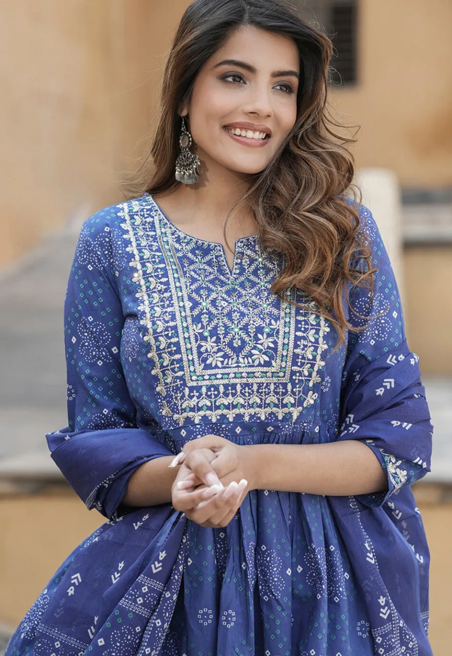 A-Line Suits>Utsav Fashion Bandhej Printed Cotton A Line Suit in Navy Blue