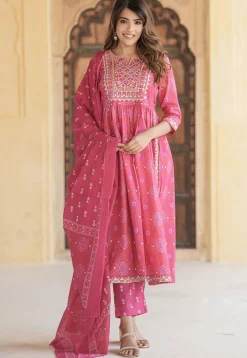 A-Line Suits>Utsav Fashion Bandhej Printed Cotton A Line Suit in Pink