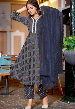 A-Line Suits>Utsav Fashion Bandhej Printed Cotton Slub A Line Suit in Navy Blue