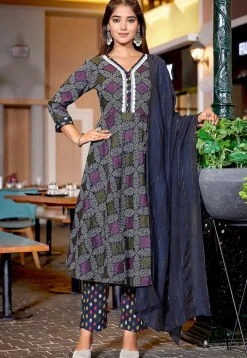 A-Line Suits>Utsav Fashion Bandhej Printed Cotton Slub A Line Suit in Navy Blue