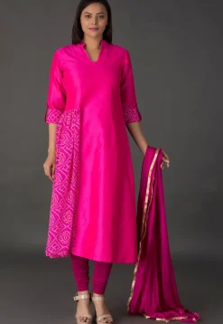 A-Line Suits>Utsav Fashion Bandhej Printed Dupion Silk A Line Suit in Fuchsia Pink