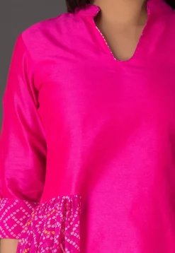 A-Line Suits>Utsav Fashion Bandhej Printed Dupion Silk A Line Suit in Fuchsia Pink