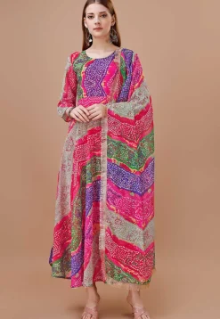 A-Line Suits|Casual Wear>Utsav Fashion Bandhej Printed Georgette A Line Suit in Multicolor