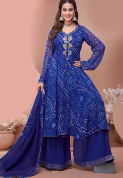 A-Line Suits|Party Wear>Utsav Fashion Bandhej Printed Georgette A Line Suit in Royal Blue