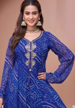A-Line Suits|Party Wear>Utsav Fashion Bandhej Printed Georgette A Line Suit in Royal Blue