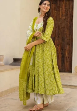 A-Line Suits>Utsav Fashion Bandhej Printed Muslin Cotton A Line Suit in Light Green