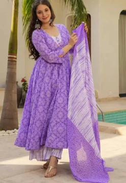 A-Line Suits|Cotton Suits>Utsav Fashion Bandhej Printed Muslin Cotton A Line Suit in Purple