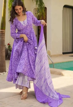 A-Line Suits|Cotton Suits>Utsav Fashion Bandhej Printed Muslin Cotton A Line Suit in Purple