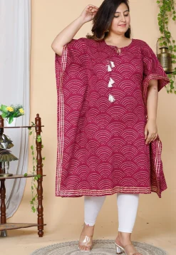 Tunics>Utsav Fashion Bandhej Printed Pure Cotton Kaftan in Magenta Pink