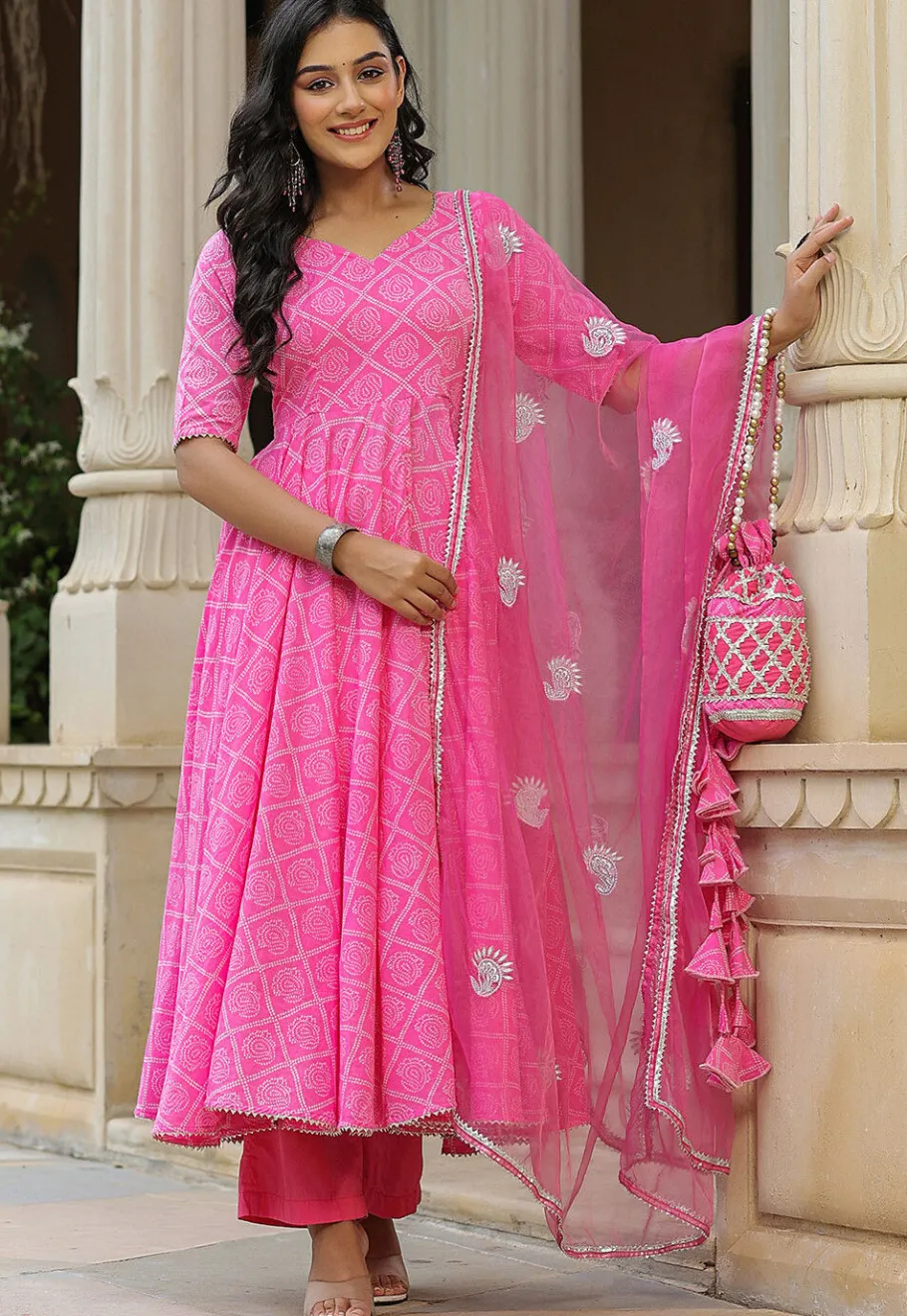 A-Line Suits>Utsav Fashion Bandhej Printed Pure Cotton Aline Suit in Pink