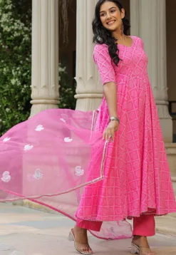 A-Line Suits>Utsav Fashion Bandhej Printed Pure Cotton Aline Suit in Pink