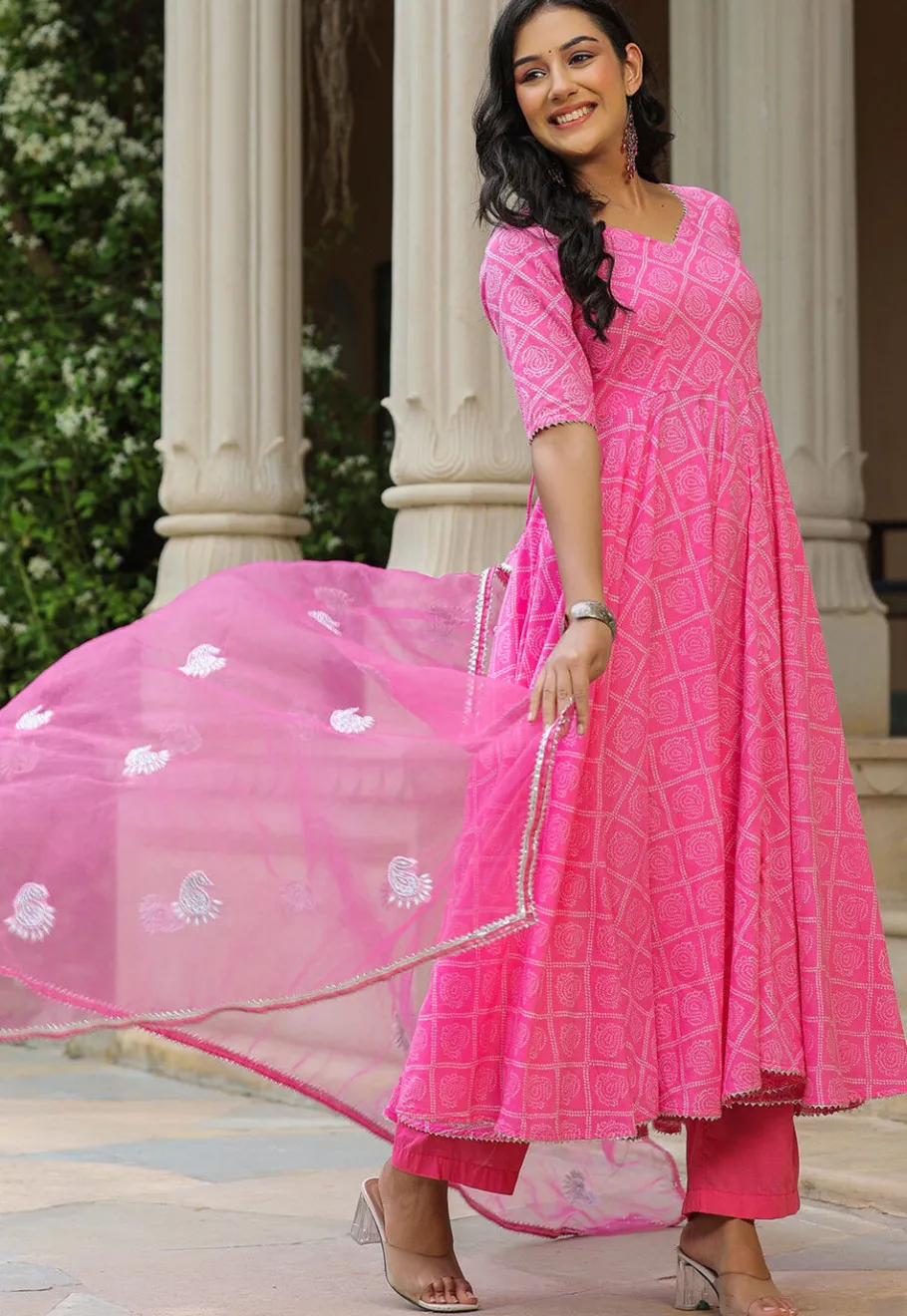 A-Line Suits>Utsav Fashion Bandhej Printed Pure Cotton Aline Suit in Pink