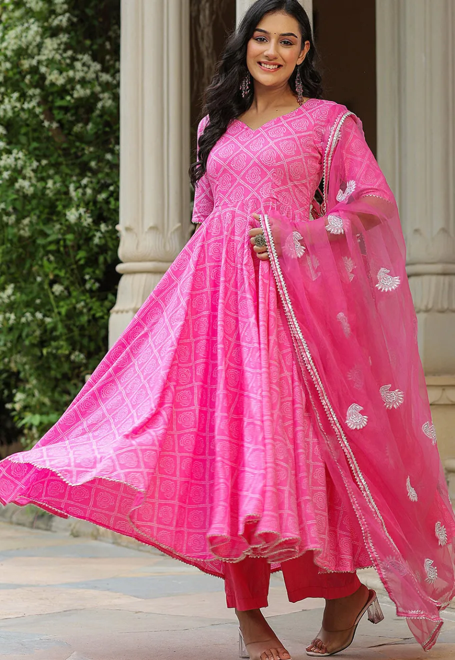 A-Line Suits>Utsav Fashion Bandhej Printed Pure Cotton Aline Suit in Pink
