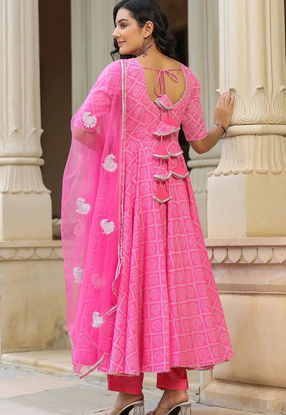 A-Line Suits>Utsav Fashion Bandhej Printed Pure Cotton Aline Suit in Pink