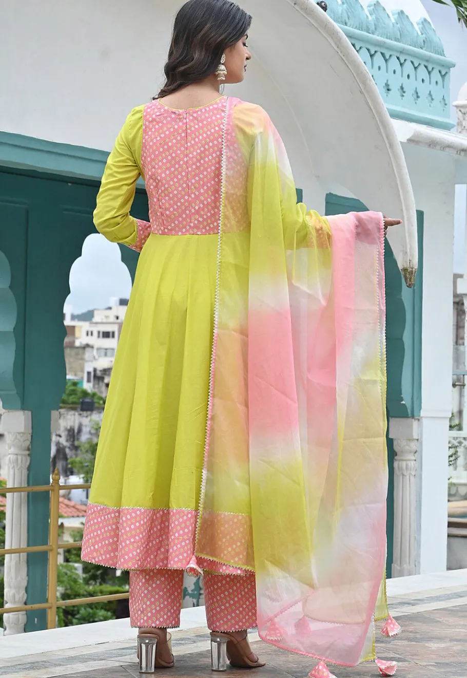 A-Line Suits>Utsav Fashion Bandhej Printed Pure Cotton Aline Suit in Green