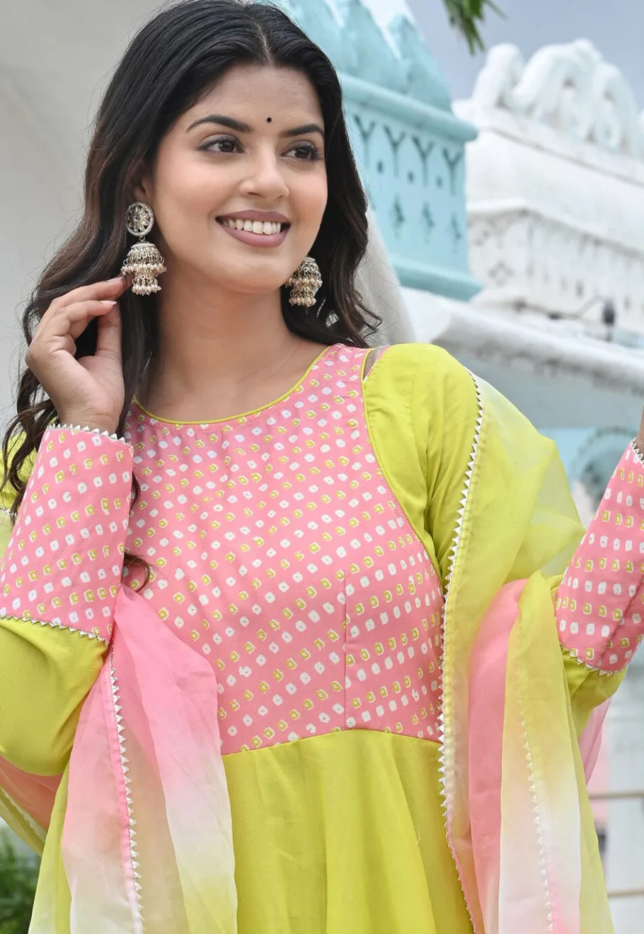 A-Line Suits>Utsav Fashion Bandhej Printed Pure Cotton Aline Suit in Green