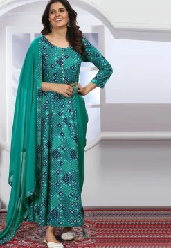 A-Line Suits>Utsav Fashion Bandhej Printed Rayon A Line Suit in Teal Green