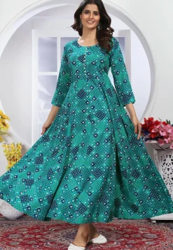 A-Line Suits>Utsav Fashion Bandhej Printed Rayon A Line Suit in Teal Green