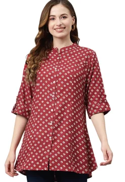 Tunics>Utsav Fashion Bandhej Printed Rayon Tunic in Maroon Red