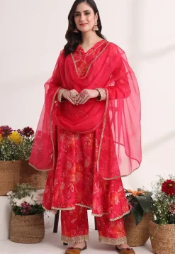 A-Line Suits>Utsav Fashion Batik Printed Art Silk A Line Suit in Pink