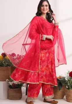 A-Line Suits>Utsav Fashion Batik Printed Art Silk A Line Suit in Pink