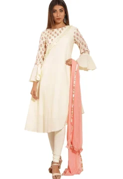 A-Line Suits|Casual Wear>Utsav Fashion Block Printed Cotton A Line Suit in Cream White