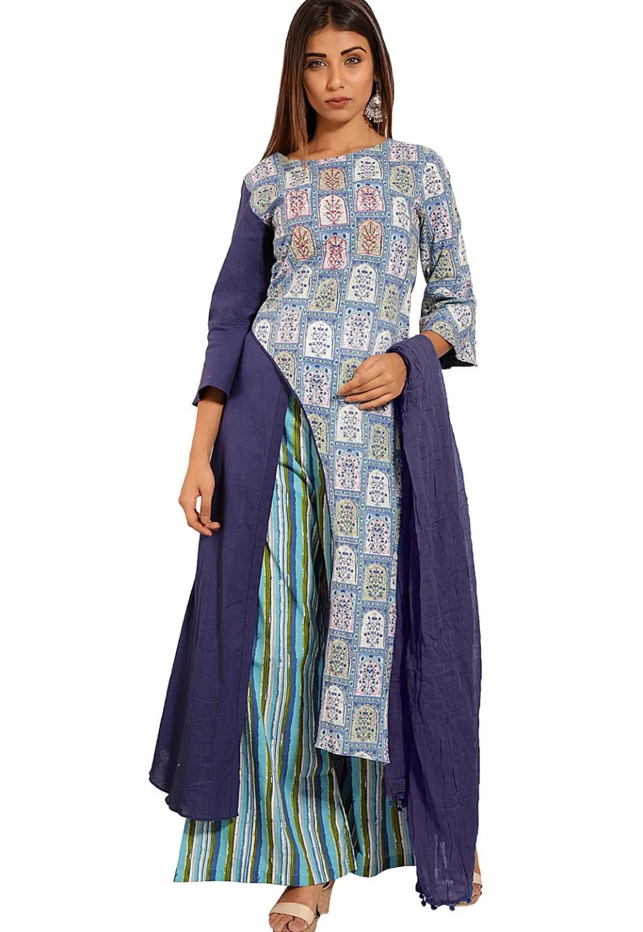 A-Line Suits|Casual Wear>Utsav Fashion Block Printed Cotton Asymmetric A Line Suit in Blue