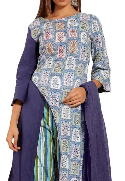 A-Line Suits|Casual Wear>Utsav Fashion Block Printed Cotton Asymmetric A Line Suit in Blue