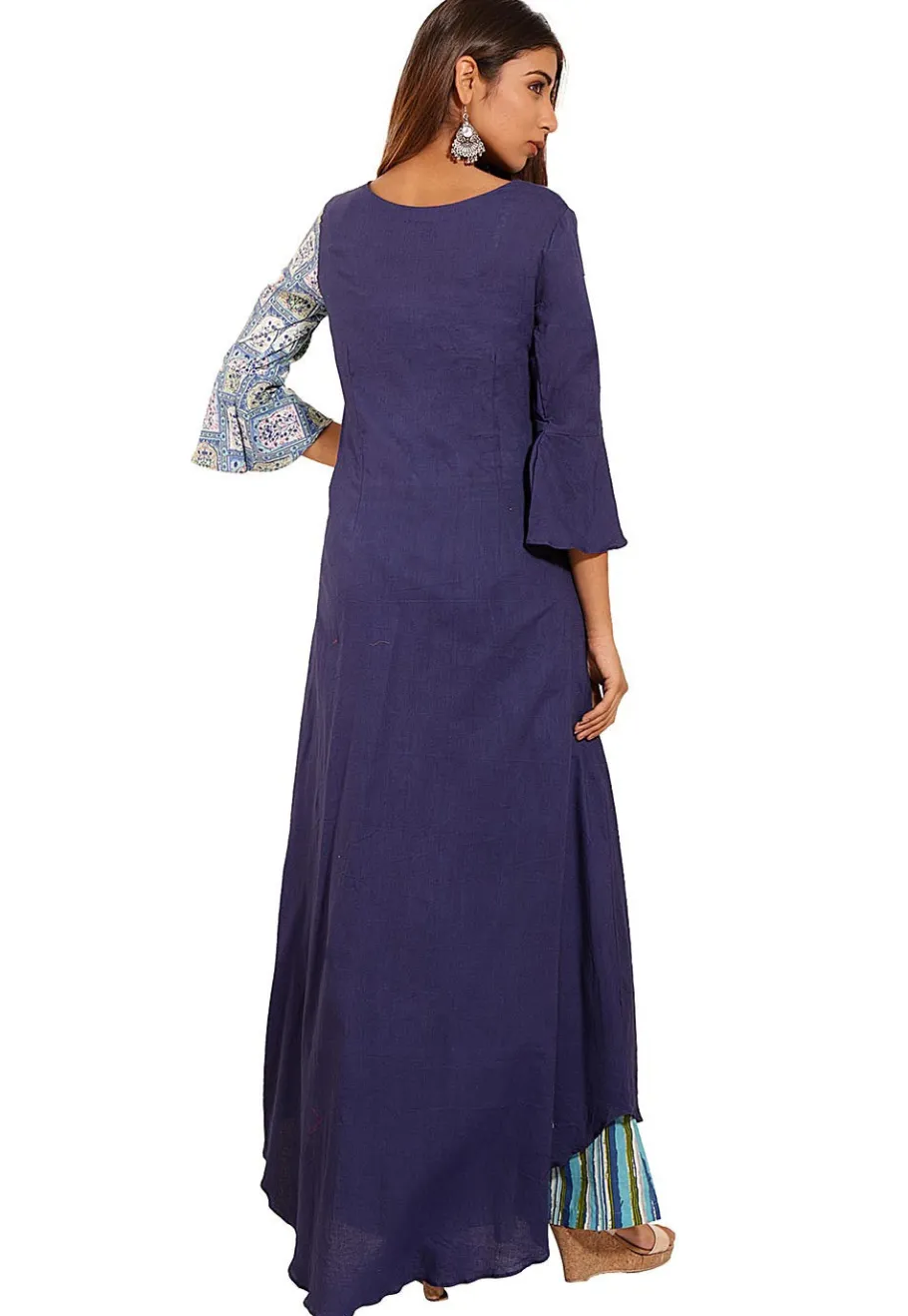 A-Line Suits|Casual Wear>Utsav Fashion Block Printed Cotton Asymmetric A Line Suit in Blue