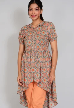Tunics>Utsav Fashion Block Printed Cotton High Low Tunic in Grey