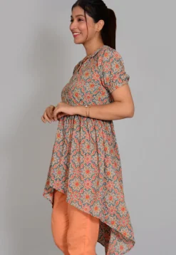 Tunics>Utsav Fashion Block Printed Cotton High Low Tunic in Grey