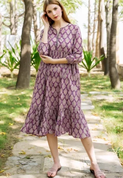 Tunics>Utsav Fashion Block Printed Pure Cotton Tunic in Dark Magenta Purple
