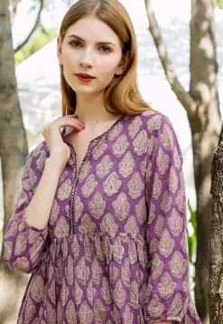 Tunics>Utsav Fashion Block Printed Pure Cotton Tunic in Dark Magenta Purple