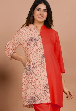 Tunics>Utsav Fashion Block Printed Rayon Tunic in Red and Beige Red, Beige