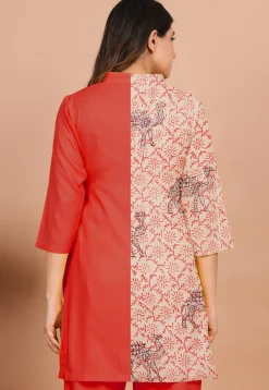 Tunics>Utsav Fashion Block Printed Rayon Tunic in Red and Beige Red, Beige