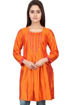 Tunics>Utsav Fashion Box Pleated Art Silk Tunic in Orange
