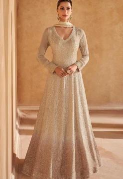 Wedding Wear>Utsav Fashion Chikankari Georgette Abaya Style Suit in Fawn Beige