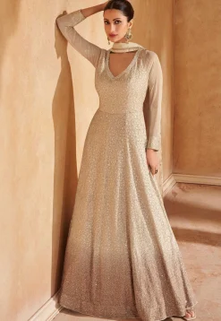 Wedding Wear>Utsav Fashion Chikankari Georgette Abaya Style Suit in Fawn Beige