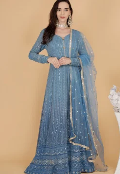 Abaya Style|Wedding Wear>Utsav Fashion Chikankari Pure Georgette Abaya Style Suit in Blue