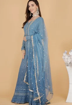 Abaya Style|Wedding Wear>Utsav Fashion Chikankari Pure Georgette Abaya Style Suit in Blue