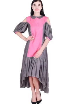 Tunics>Utsav Fashion Color Blocked Art Silk Asymmetric Tunic in Pink and Grey Grey, Pink